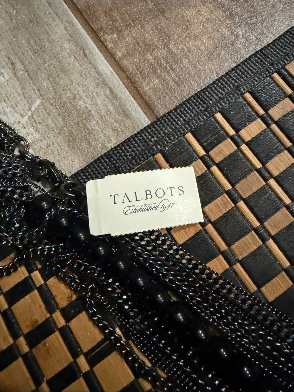 Talbots Black and Tan Woven Tote with Beaded Fringe